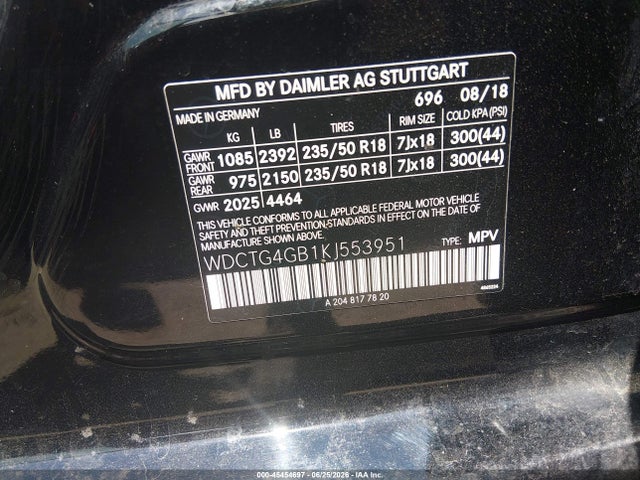 45454697 :رقم المزاد ، WDCTG4GB1KJ553951 vin ، 2019 Mercedes-benz Gla 250 4matic مزاد بيع