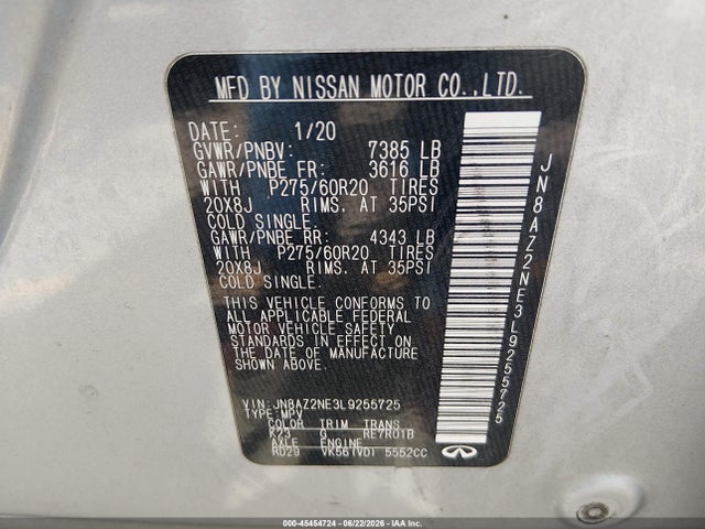 Продажа на аукционе авто 2020 Infiniti Qx80 Luxe Awd, vin: JN8AZ2NE3L9255725, номер лота: 45454724