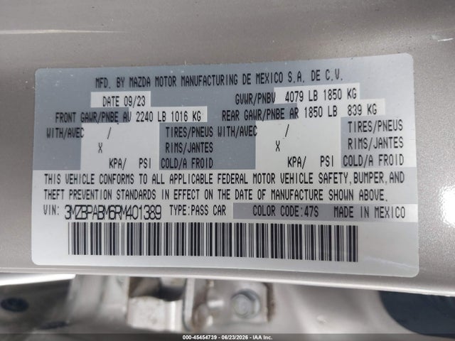 45454739 :رقم المزاد ، 3MZBPABM6RM401389 vin ، 2024 Mazda Mazda3 2.5 S Select Sport مزاد بيع