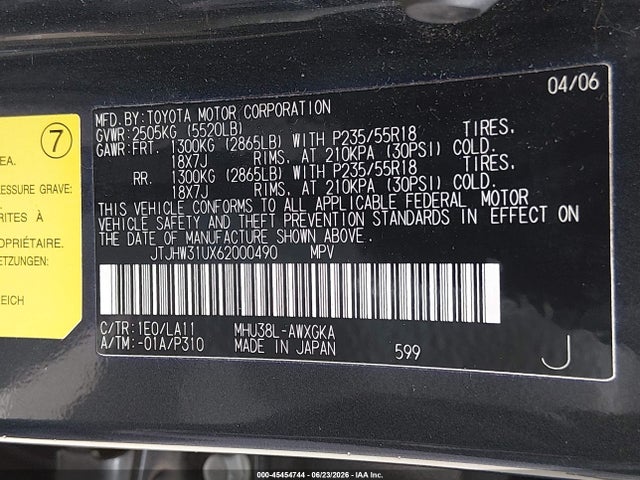 Aukcja sprzedaży 2006 Lexus Rx 400h, vin: JTJHW31UX62000490, numer aukcji: 45454744