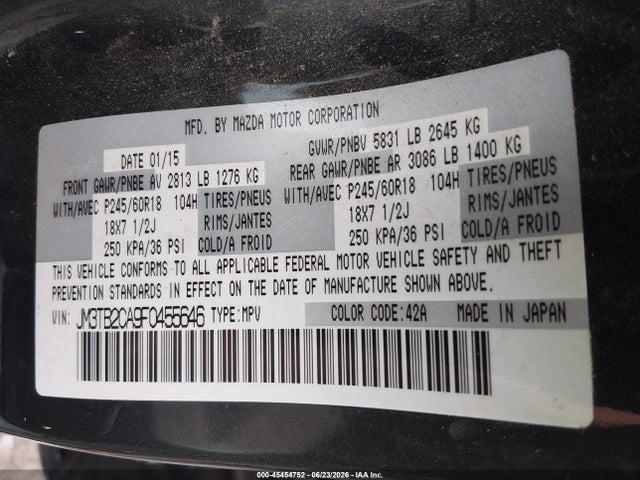 Aukcja sprzedaży 2015 Mazda Cx-9 Touring, vin: JM3TB2CA9F0455646, numer aukcji: 45454752