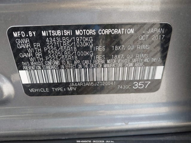45454795 :رقم المزاد ، JA4AR3AW5JZ020041 vin ، 2018 Mitsubishi Outlander Sport 2.4 Se مزاد بيع