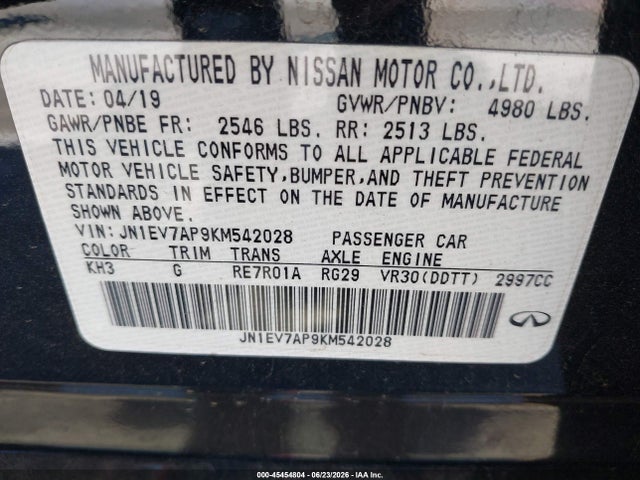 Продаж на аукціоні авто 2019 Infiniti Q50 3.0t Luxe, vin: JN1EV7AP9KM542028, номер лоту: 45454804