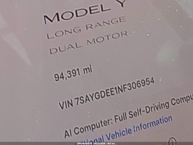 45454828 :رقم المزاد ، 7SAYGDEE1NF306954 vin ، 2022 Tesla Model Y Long Range Dual Motor All-wheel Drive مزاد بيع