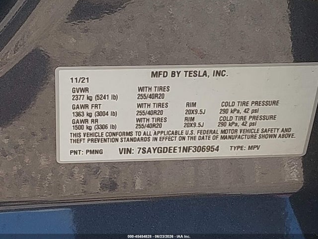 45454828 :رقم المزاد ، 7SAYGDEE1NF306954 vin ، 2022 Tesla Model Y Long Range Dual Motor All-wheel Drive مزاد بيع