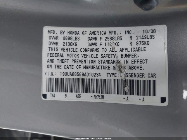 45454865 :رقم المزاد ، 19UUA86569A010234 vin ، 2009 Acura Tl 3.5 مزاد بيع