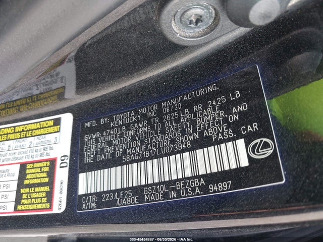 45454887 :رقم المزاد ، 58AGZ1B17LU073948 vin ، 2020 Lexus Es 350 F Sport مزاد بيع