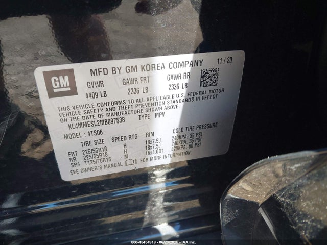 45454918 :رقم المزاد ، KL4MMESL2MB097538 vin ، 2021 Buick Encore Gx Awd Select مزاد بيع