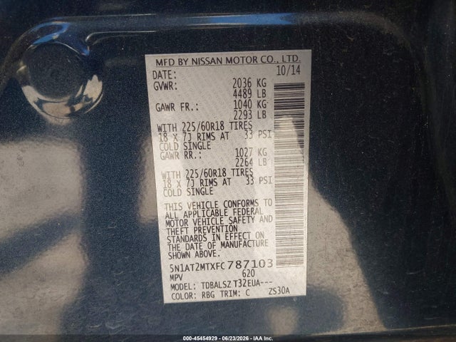 2015 Nissan Rogue Sl მანქანა იყიდება აუქციონზე, vin: 5N1AT2MTXFC787103, აუქციონის ნომერი: 45454929