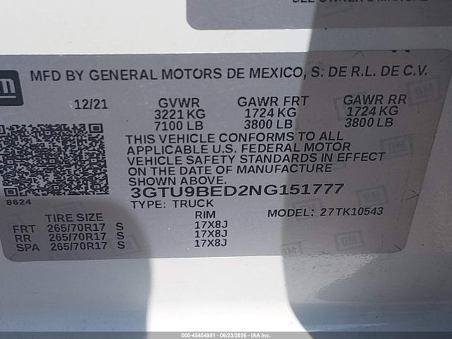 Aukcja sprzedaży 2022 Gmc Sierra 1500 Limited 4wd  Short Box Sle, vin: 3GTU9BED2NG151777, numer aukcji: 45454981