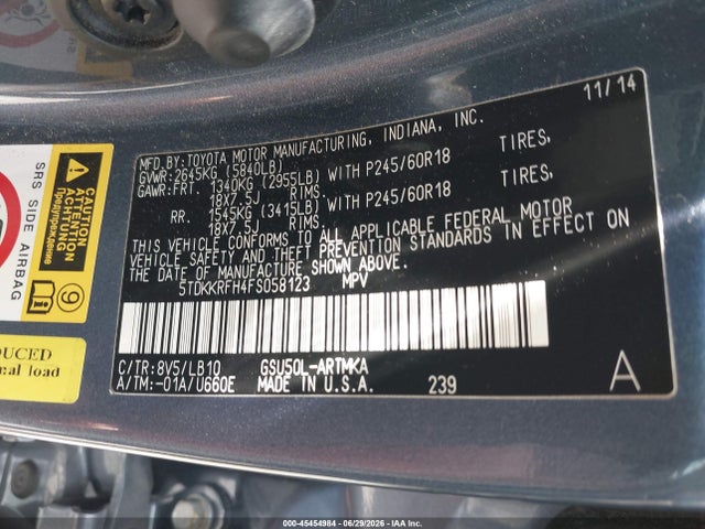 5TDKKRFH4FS058123 Toyota Highlander Xle V6