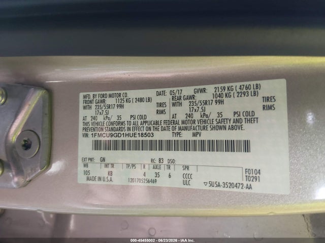Ford ESCAPE SE 2017 1FMCU9GD1HUE18503 Image 9