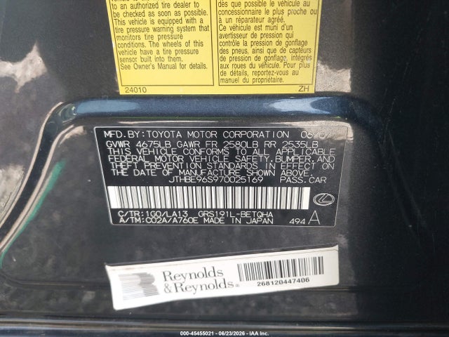 Продаж на аукціоні авто 2007 Lexus Gs 350, vin: JTHBE96S970025169, номер лоту: 45455021