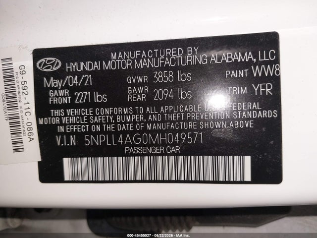 5NPLL4AG0MH049571 Hyundai ELANTRA SE