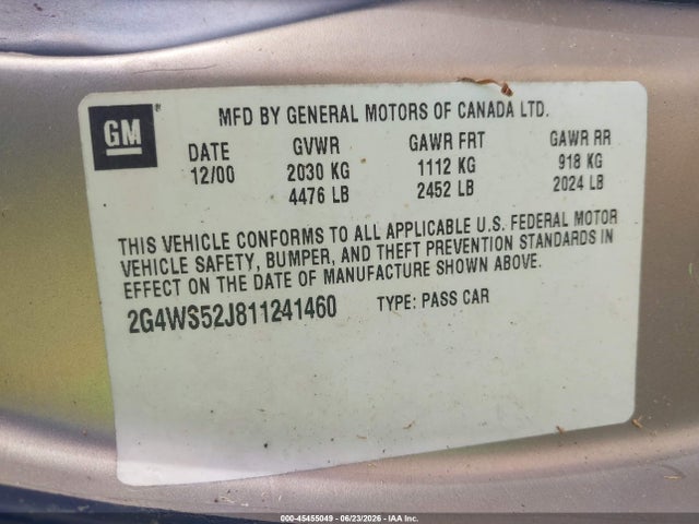 Aukcja sprzedaży 2001 Buick Century Custom, vin: 2G4WS52J811241460, numer aukcji: 45455049