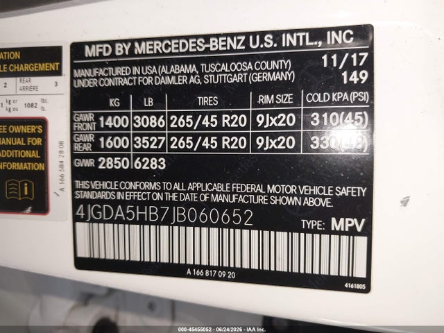 Продажа на аукционе авто 2018 Mercedes-benz Gle 350 4matic, vin: 4JGDA5HB7JB060652, номер лота: 45455052
