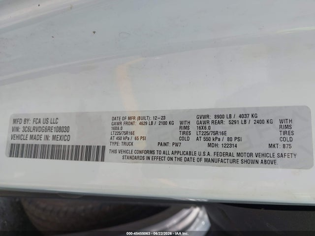 Продаж на аукціоні авто 2024 Ram Promaster 2500 Tradesman High Roof 159 Wb W/pass Seat, vin: 3C6LRVDG6RE108030, номер лоту: 45455063