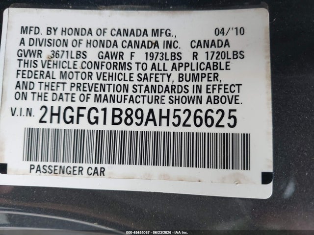 Auction sale of the 2010 Honda Civic Ex, vin: 2HGFG1B89AH526625, lot number: 45455067