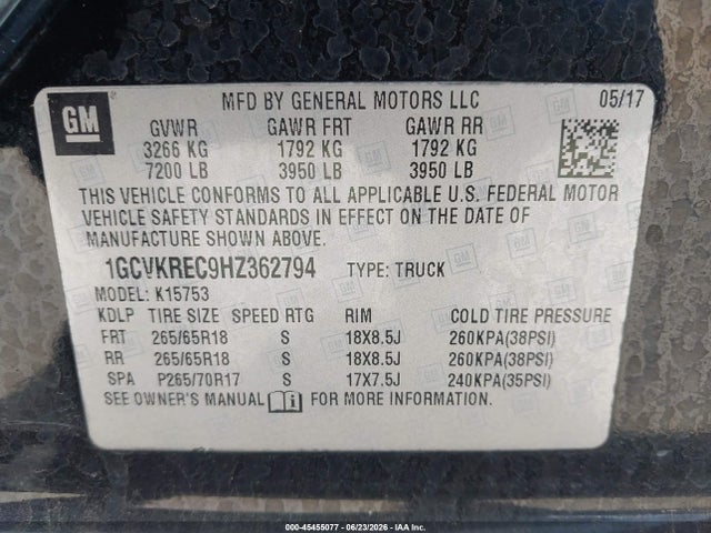 2017 Chevrolet Silverado 1500 Lt მანქანა იყიდება აუქციონზე, vin: 1GCVKREC9HZ362794, აუქციონის ნომერი: 45455077