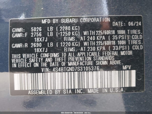 45455109 :رقم المزاد ، 4S4BTGND7S3105376 vin ، 2025 Subaru Outback Limited Xt مزاد بيع