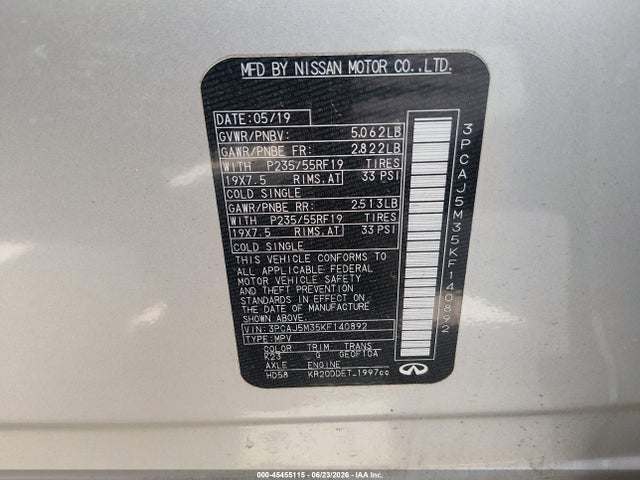 45455115 :رقم المزاد ، 3PCAJ5M35KF140892 vin ، 2019 Infiniti Qx50 Luxe مزاد بيع