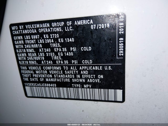 1V2KR2CA5JC586403 Volkswagen Atlas 3.6l V6 Se