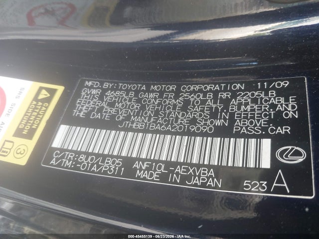 45455139 :رقم المزاد ، JTHBB1BA6A2019090 vin ، 2010 Lexus Hs 250h مزاد بيع