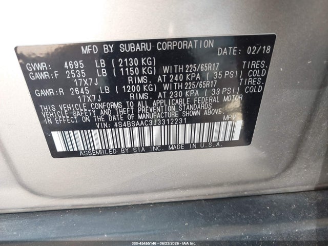 Aukcja sprzedaży 2018 Subaru Outback 2.5i, vin: 4S4BSAAC3J3312231, numer aukcji: 45455146