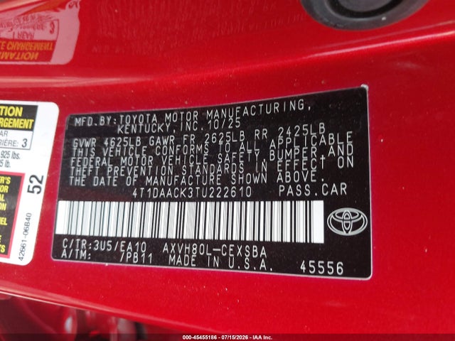 Aukcja sprzedaży 2026 Toyota Camry Se, vin: 4T1DAACK3TU222610, numer aukcji: 45455186