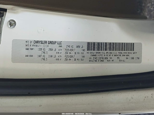 Aukcja sprzedaży 2015 Chrysler Town & Country Touring-l, vin: 2C4RC1CG5FR618894, numer aukcji: 45455195