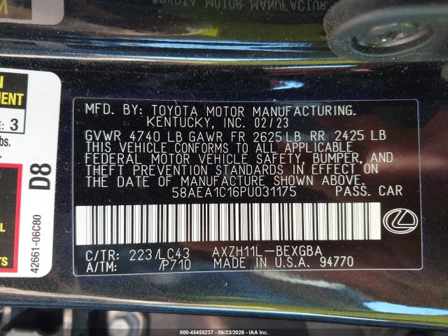 Продажа на аукционе авто 2023 Lexus Es 300h Luxury, vin: 58AEA1C16PU031175, номер лота: 45455237