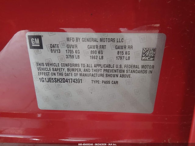 Aukcja sprzedaży 2013 Chevrolet Sonic Ltz Auto, vin: 1G1JE5SH2D4174391, numer aukcji: 45455248