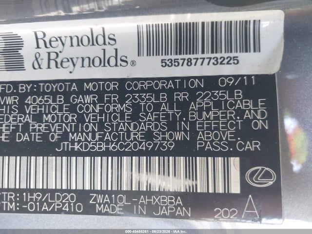 Aukcja sprzedaży 2012 Lexus Ct 200h Premium, vin: JTHKD5BH6C2049739, numer aukcji: 45455261