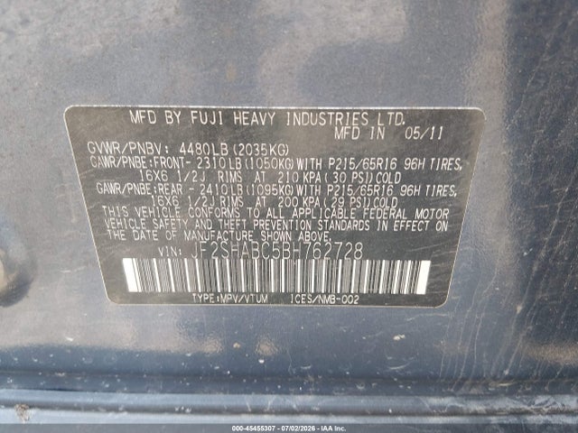 Продаж на аукціоні авто 2011 Subaru Forester 2.5x, vin: JF2SHABC5BH762728, номер лоту: 45455307