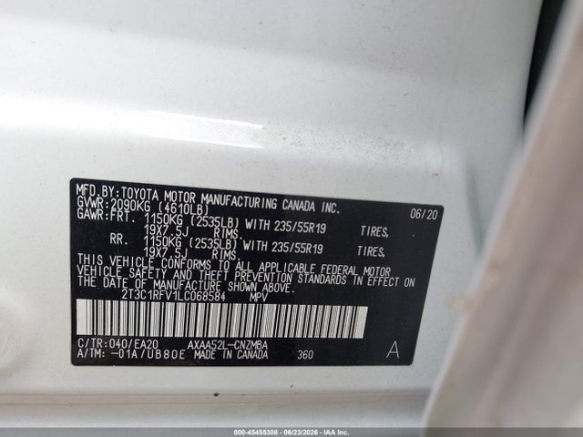 45455308 :رقم المزاد ، 2T3C1RFV1LC068584 vin ، 2020 Toyota Rav4 Xle Premium مزاد بيع