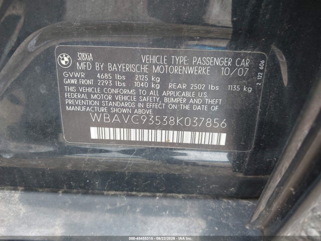 2008 Bmw 328xi მანქანა იყიდება აუქციონზე, vin: WBAVC93538K037856, აუქციონის ნომერი: 45455315