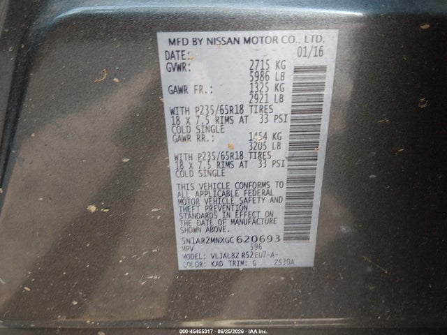 45455317 :رقم المزاد ، 5N1AR2MNXGC620693 vin ، 2016 Nissan Pathfinder S مزاد بيع