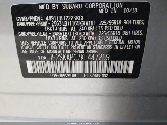 Aukcja sprzedaży 2019 Subaru Forester Sport, vin: JF2SKAPC7KH447259, numer aukcji: 45455318