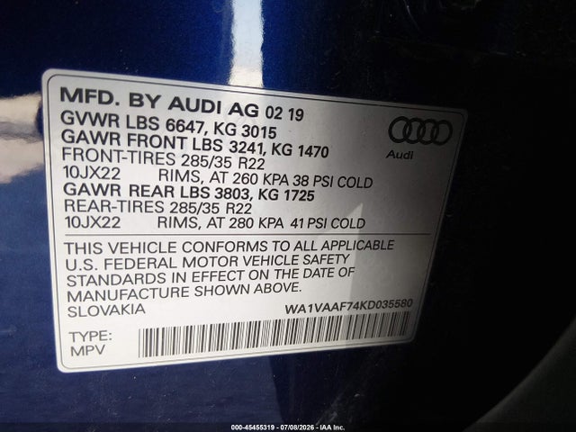 Продажа на аукционе авто 2019 Audi Q7 55 Premium, vin: WA1VAAF74KD035580, номер лота: 45455319