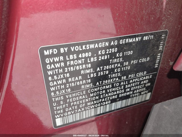 Aukcja sprzedaży 2012 Volkswagen Tiguan S, vin: WVGBV7AX1CW001380, numer aukcji: 45455327
