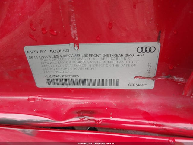 45455349 :رقم المزاد ، WAUFFAFL7FN001865 vin ، 2015 Audi A4 2.0t Premium مزاد بيع