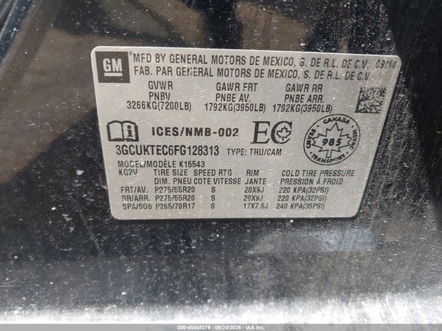45455376 :رقم المزاد ، 3GCUKTEC6FG128313 vin ، 2015 Chevrolet Silverado 1500 High Country مزاد بيع