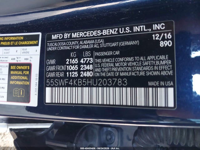 45455406 :رقم المزاد ، 55SWF4KB5HU203783 vin ، 2017 Mercedes-benz C 300 4matic مزاد بيع