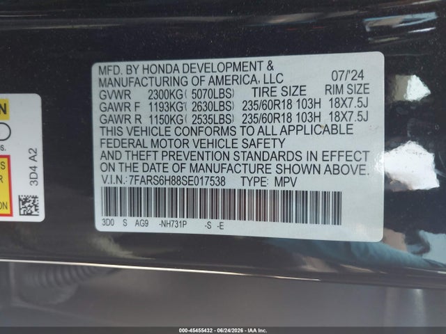 Aukcja sprzedaży 2025 Honda Cr-v Hybrid Sport-l, vin: 7FARS6H88SE017538, numer aukcji: 45455432