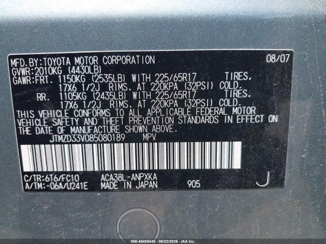 Продаж на аукціоні авто 2008 Toyota Rav4, vin: JTMZD33V085080189, номер лоту: 45455440