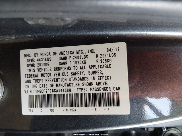 45455447 :رقم المزاد ، 1HGCP2F78CA141598 vin ، 2012 Honda Accord 2.4 Ex مزاد بيع