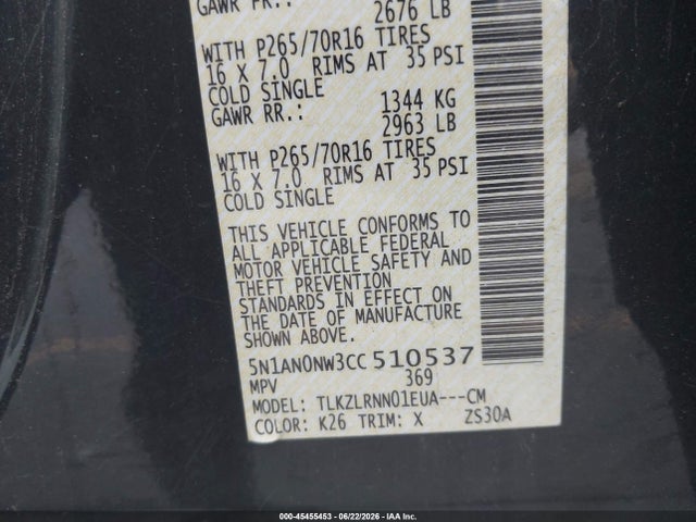 2012 Nissan Xterra S მანქანა იყიდება აუქციონზე, vin: 5N1AN0NW3CC510537, აუქციონის ნომერი: 45455453