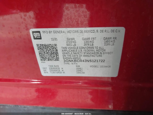 45455467 :رقم المزاد ، 3GNKBCR43NS121722 vin ، 2022 Chevrolet Blazer Fwd 2lt مزاد بيع