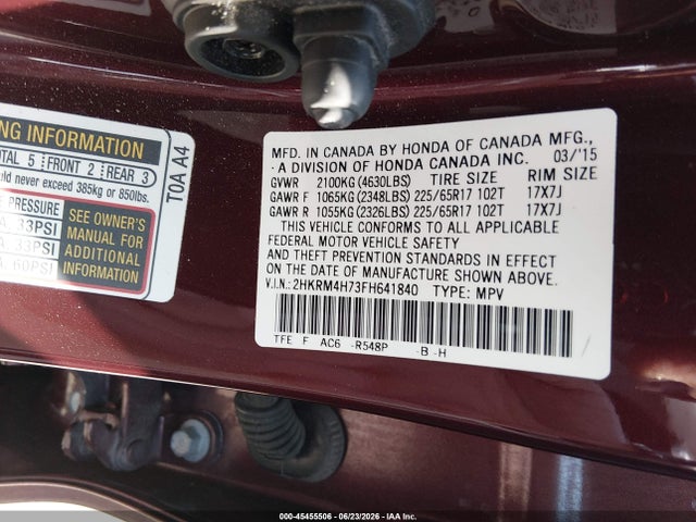 Продаж на аукціоні авто 2015 Honda Cr-v Ex-l, vin: 2HKRM4H73FH641840, номер лоту: 45455506