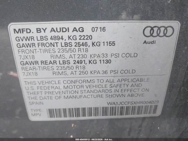 Aukcja sprzedaży 2017 Audi Q3 2.0t Premium, vin: WA1JCCFSXHR004029, numer aukcji: 45455512